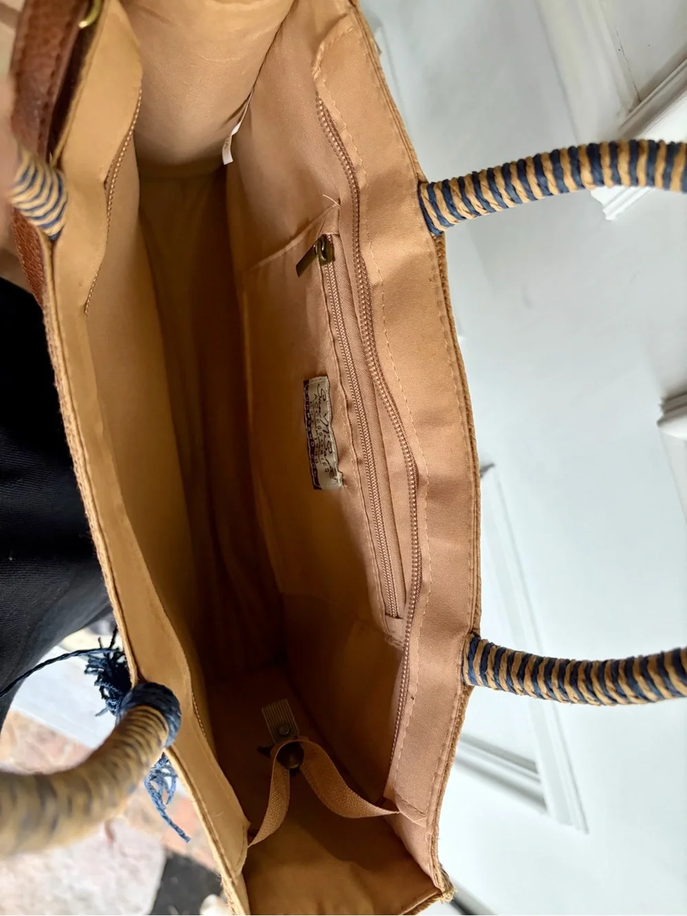 Striped Tan and Navy Straw Tote with Tassel